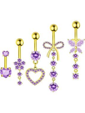Cute Pink CZ Heart Butterfly Dangle Belly Button Ring Jewelry for Women 14G
